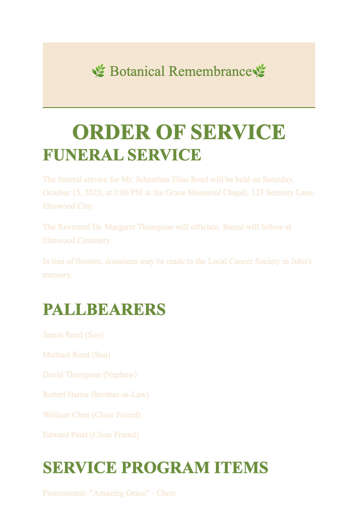 Elegant funeral service order of service with floral sidebar and pallbearers list_variant_2